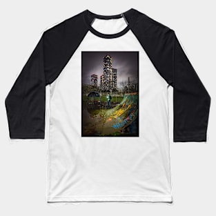 Man on Phone in Urban Park with Skyscrapers Baseball T-Shirt